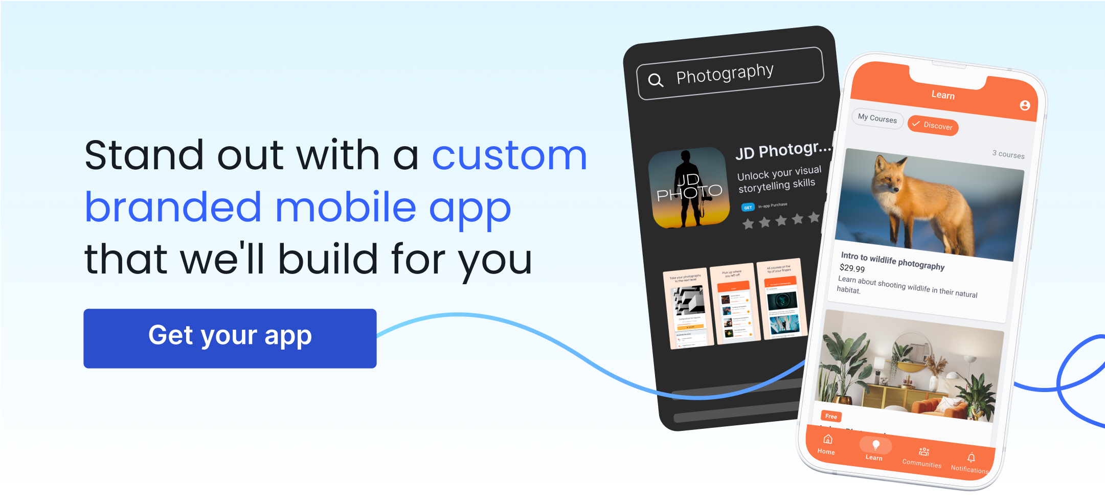 Screenshot of Thinkific Branded Mobile App, with text, "Stand out with a custom branded mobile app that we'll build for you."