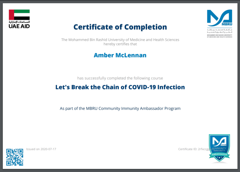 MBRU COVID-19 Course Certificate