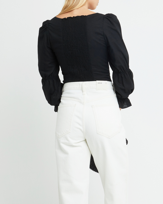 Second image of Francesca Top, a black puff sleeve top, sweetheart neckline, puff sleeve, long sleeve, cap sleeve